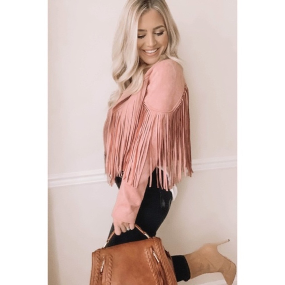 SOLD OUT Mauve Pink Faux Leather Suede Fringe Cropped Western Boho Moto Jacket - Picture 4 of 5
